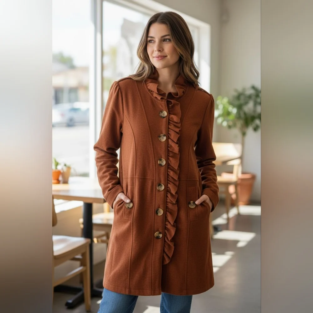 Anthropologie LUII Autumn Boiled Wool Button Up Long Ruffle Jacket Size XL
